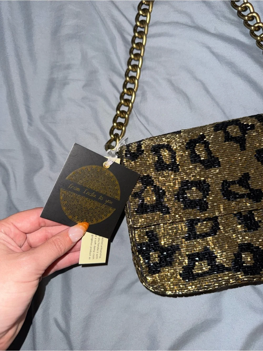 Beaded Cheetah Gold Chain Shoulder Bag Handmade in India New with Tags